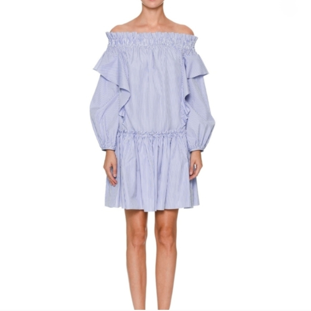 🆕 🖤Alexander McQueen🖤 - Off-the-Shoulder Striped Tunic Dress w/Ruffle Frills